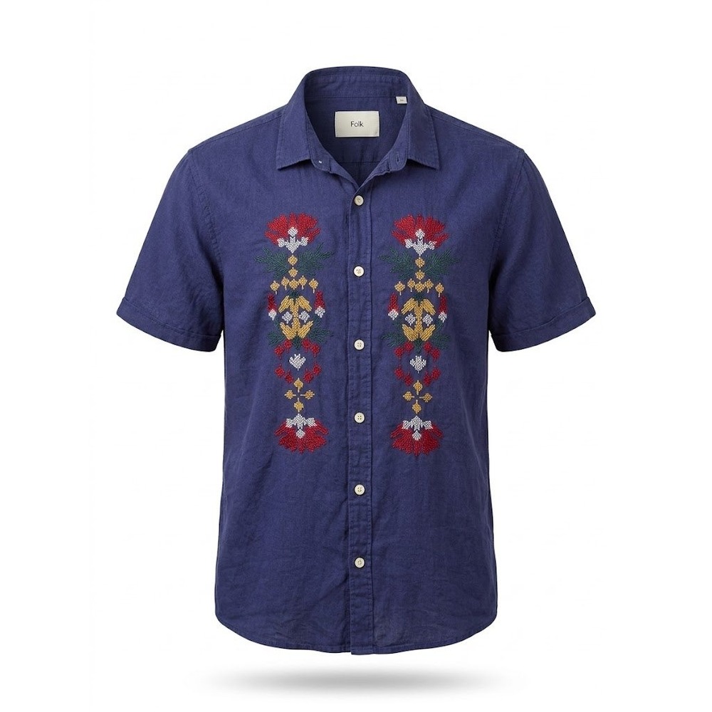 Folk Shirt Womens Large Purple Embroidered Short Sleeve Boho Chic Ethnic Folk
